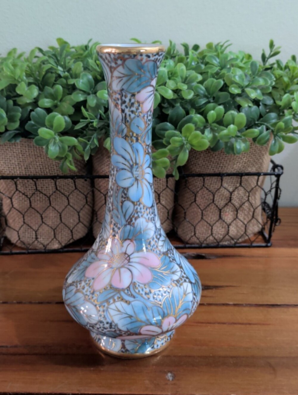Vintage Porcelain Bud Vase Floral Motif with Gold Trim